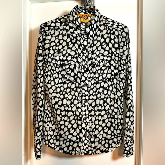 Tory Burch Long Sleeve Button Down Animal Print Cotton Shirt Size 6 - Picture 1 of 8